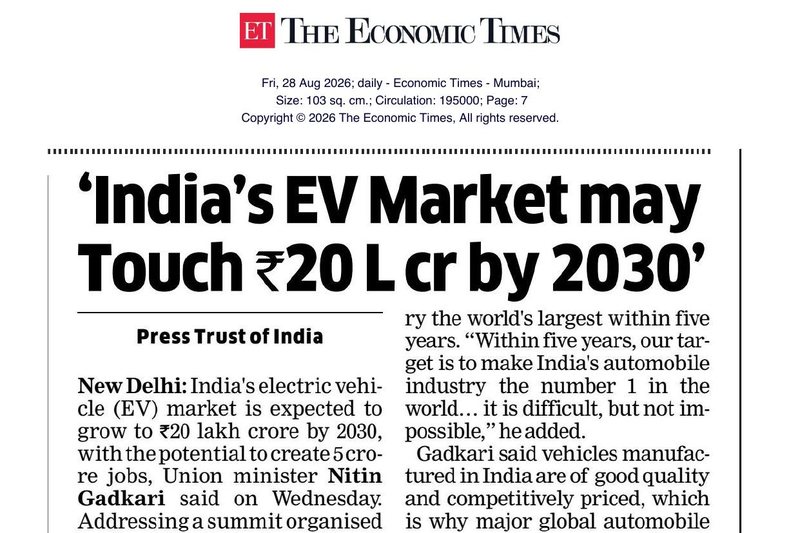 The Economic Times, Mumbai — ‘India’s EV Market may Touch ₹20 L cr by 2030’