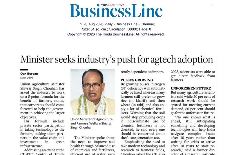 BusinessLine, Chennai — Minister seeks industry’s push for agtech adoption