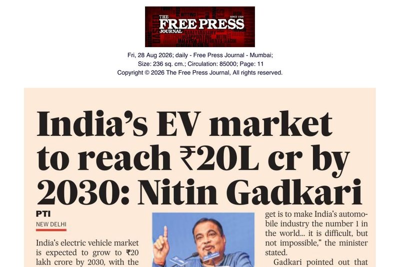 The Free Press Journal, Mumbai — India’s EV market to reach ₹20L cr by 2030: Nitin Gadkari
